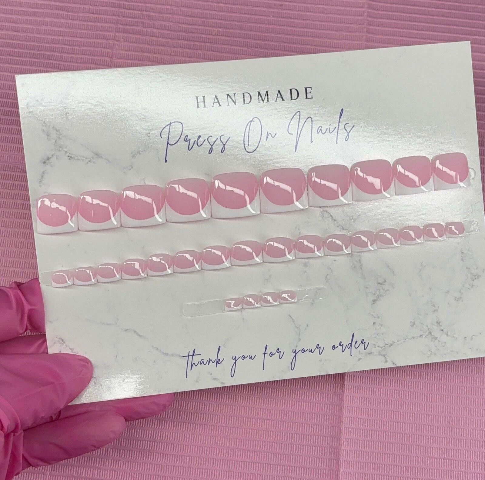 Handmade press on toenails pink nude white French tips handmade gel Size ONE SIZE - 2 Thumbnail