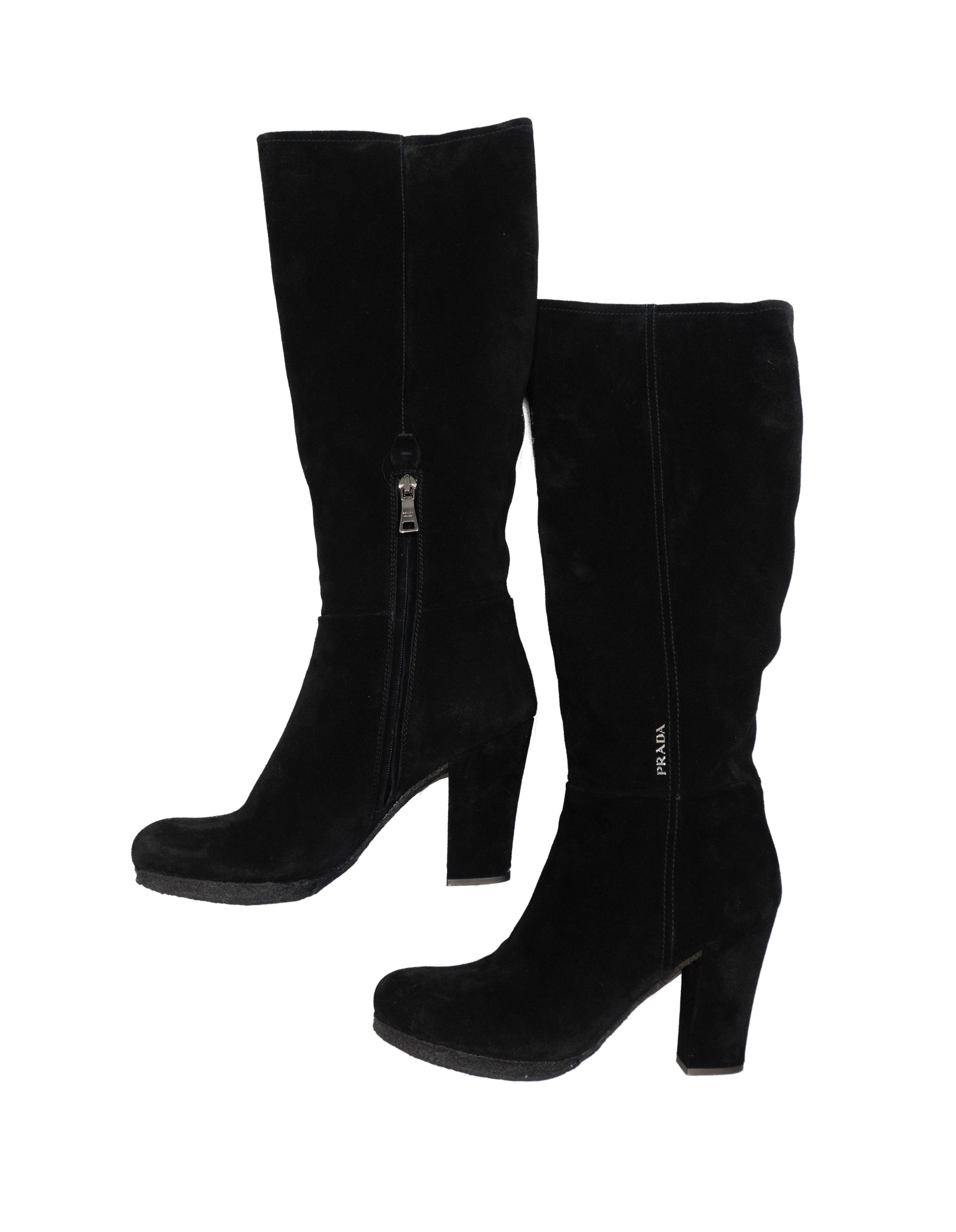 Prada 00s Suede Metal Logo Knee High Side Zip Boots Block Heel Size US 7.5 / IT 37.5 - 2 Thumbnail