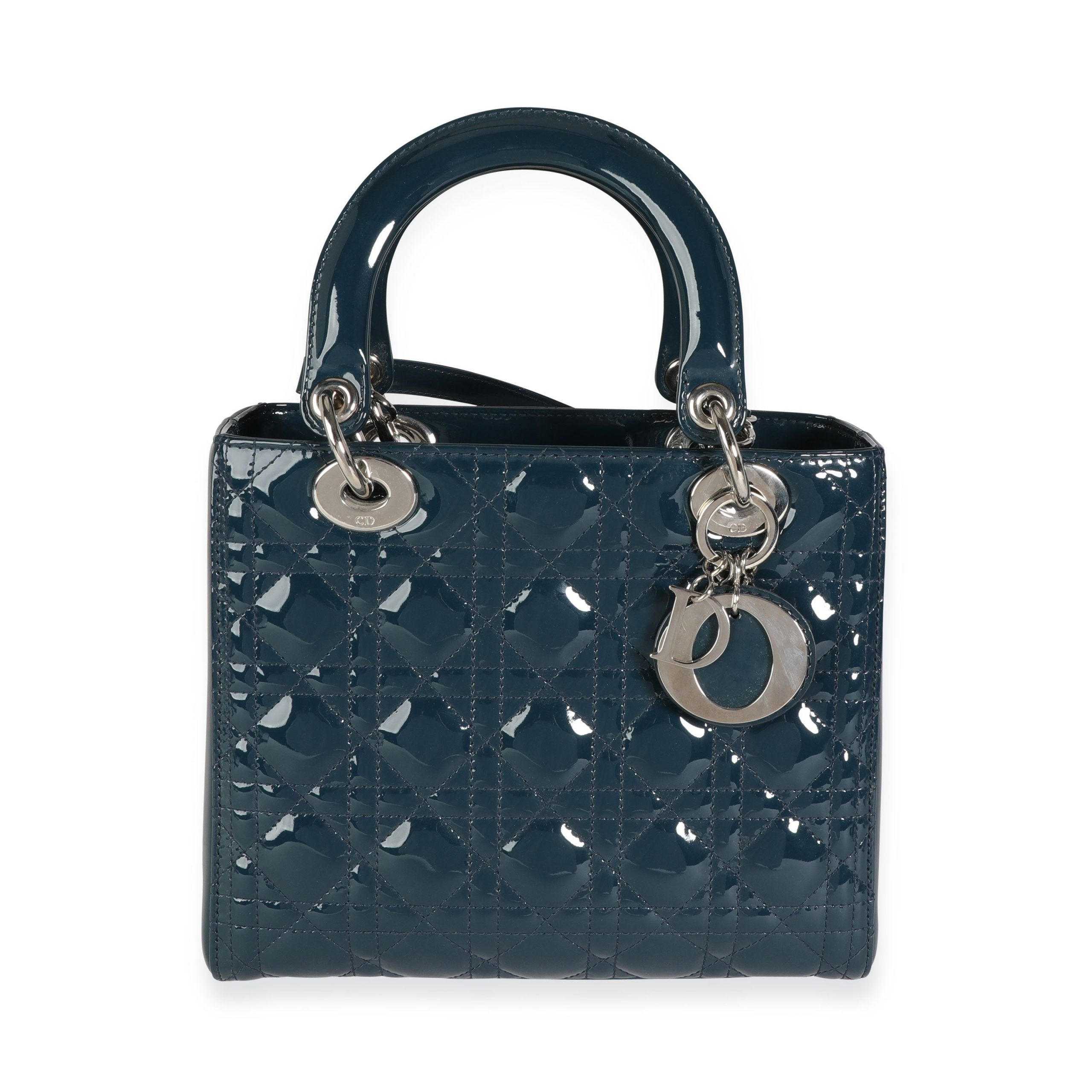 image of Dior Dark Teal Cannage Quilted Patent Leather Medium Lady Dior Bag in Blue, Women's