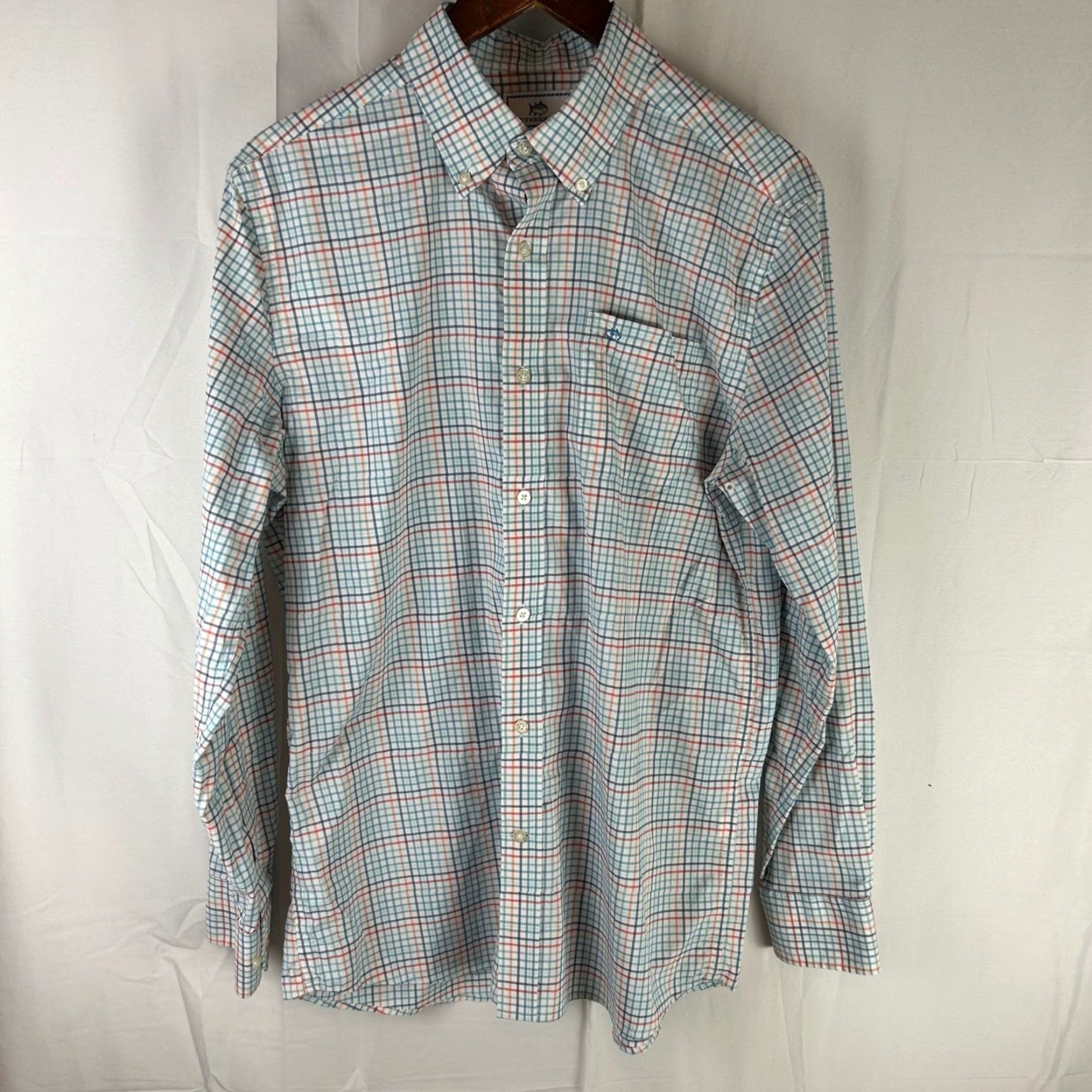 Southern Tide Southern Tide Intercoastal Shirt Mens Medium Blue Orange Plaid Performance 9136 Size US M / EU 48-50 / 2 - 2 Thumbnail