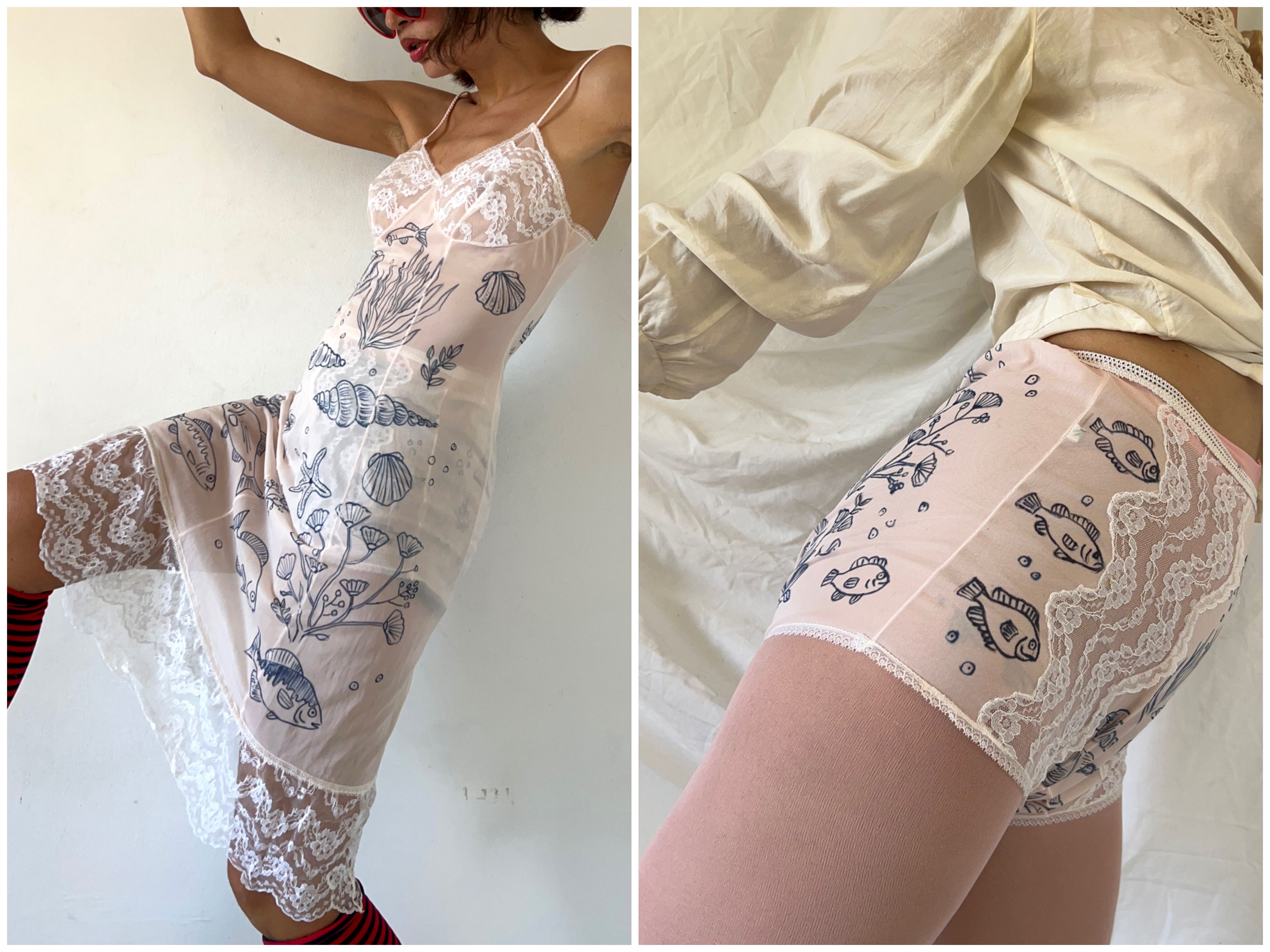 Custommade Hand Painted Seashell Fish Nightgown Size XL / US 12-14 / IT 48-50 - 4 Thumbnail