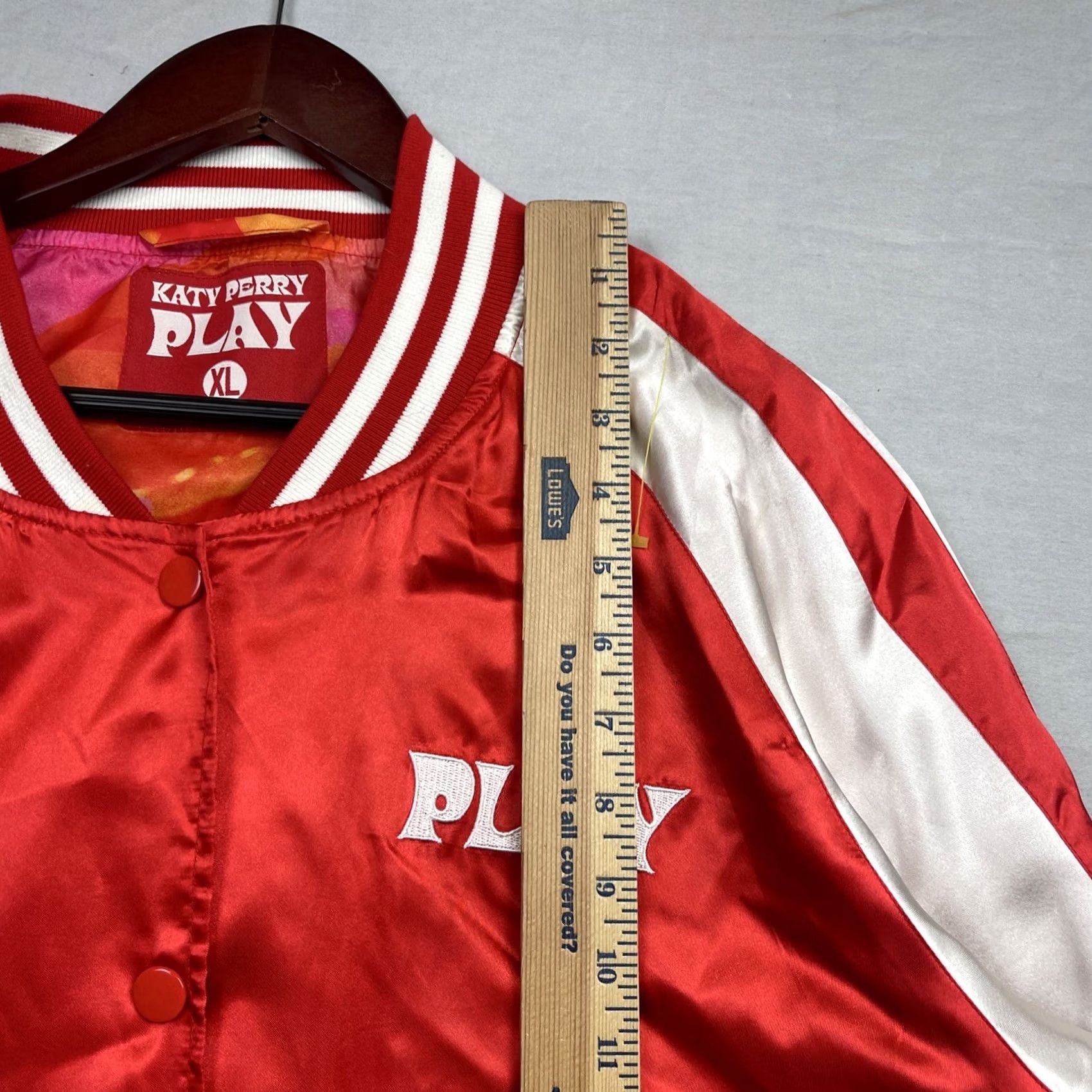 Sperry Katy Perry Bomber Jacket Mens XL Red White Satin Play Las Vegas Embroidery Snap Size US XL / EU 56 / 4 - 7 Thumbnail
