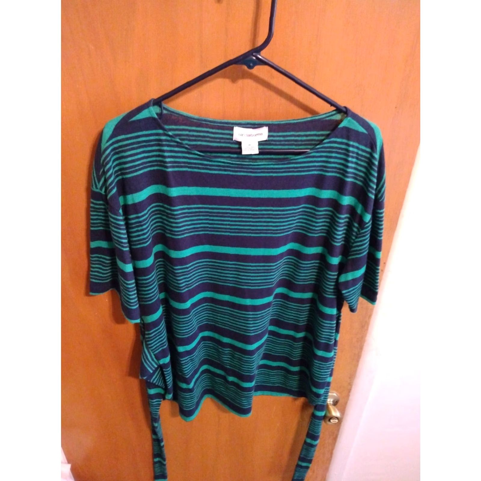 Liz Claiborne Liz Claiborne Blouse Shirt Green Blue Linen/Poly Blend M SS Summer 40" chest Womens Size M / US 6-8 / IT 42-44 - 4 Thumbnail
