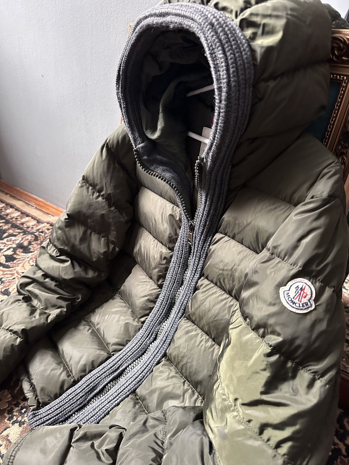 image of Moncler Canut Down Jacket Puffer in Black Green, Men's (Size Medium)