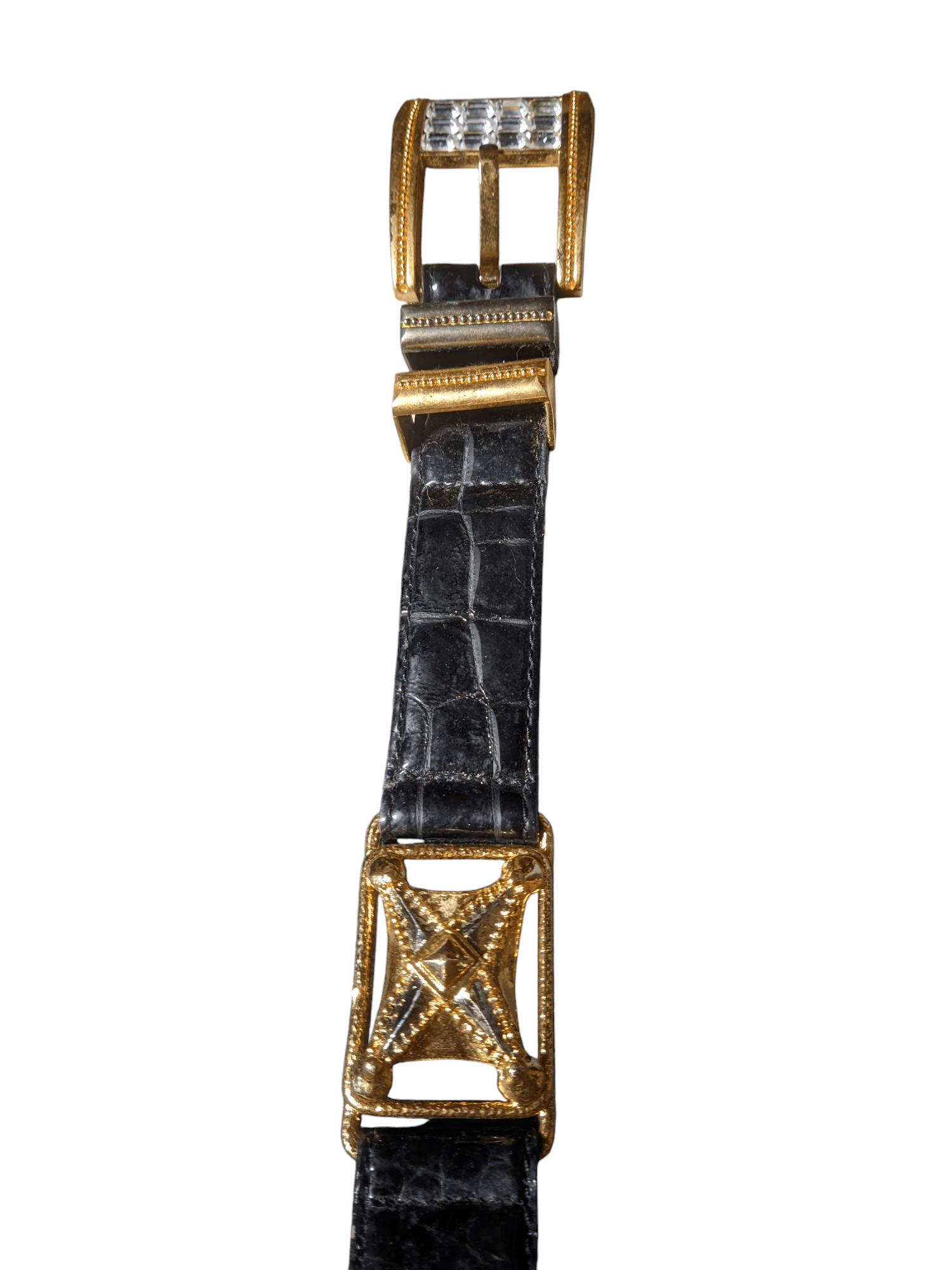 Designer × Japanese Brand Black leather belt with a crocodile print gold-tone buckle Size ONE SIZE - 3 Thumbnail