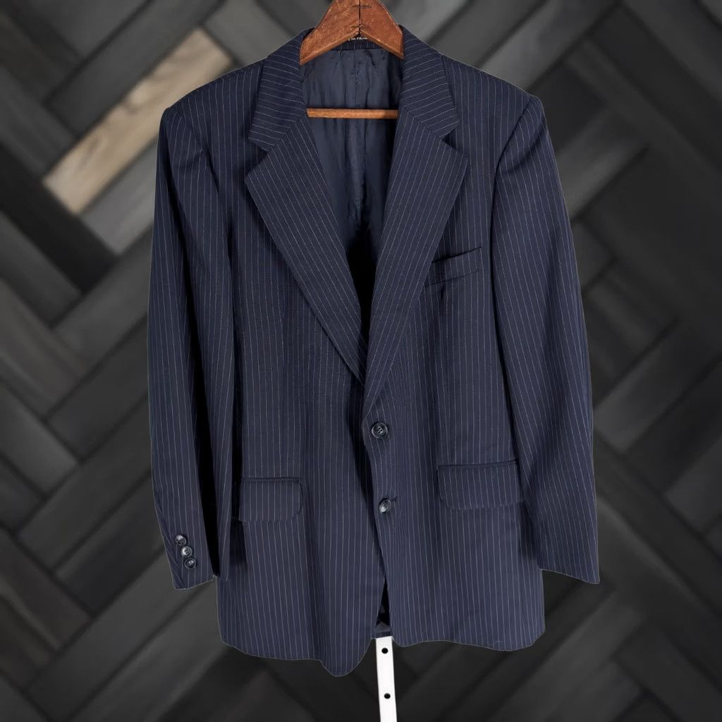 Yves Saint Laurent VINTAGE Saint Laurent Pinstripe Blazer France Navy Wool 80s Mens Jacket Regular Size 40 Size 40R - 1 Thumbnail