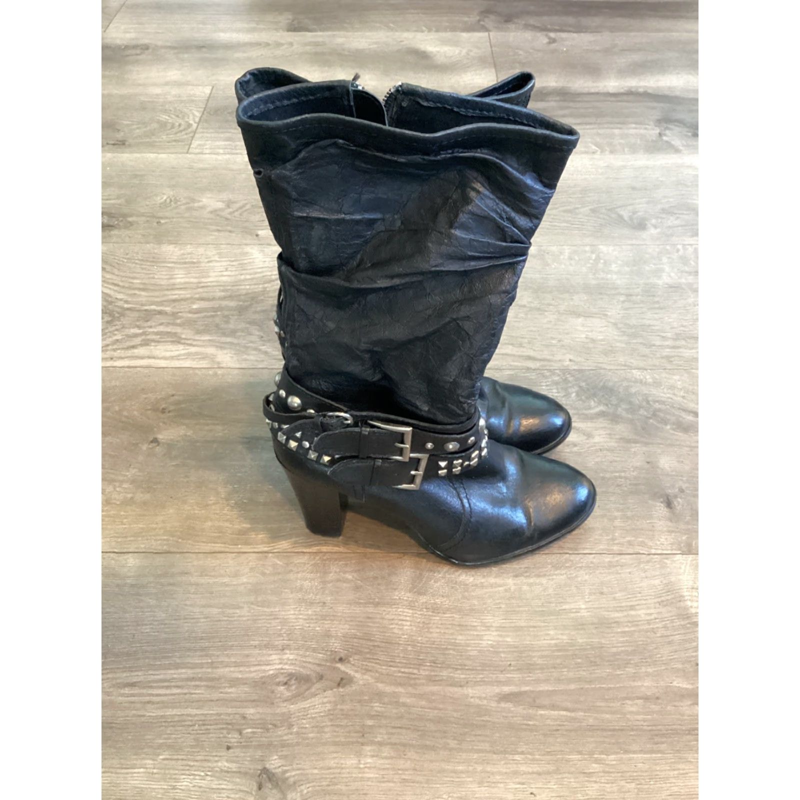 Vintage VINTAGE a.n.a Biker Boots Women Mid-Calf Leather Zipper Black 6.5 High Block Heel Studs Size US 6.5 / IT 36.5 - 2 Thumbnail
