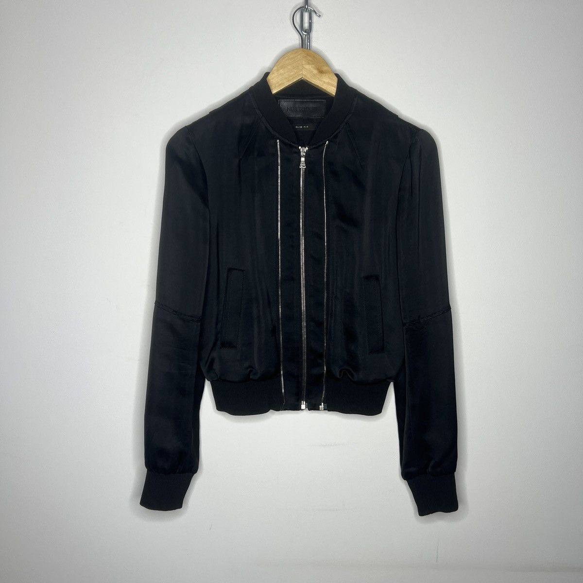 Neil Barett Rayon Bomber Jacket Zipper Black Rayon Shiny