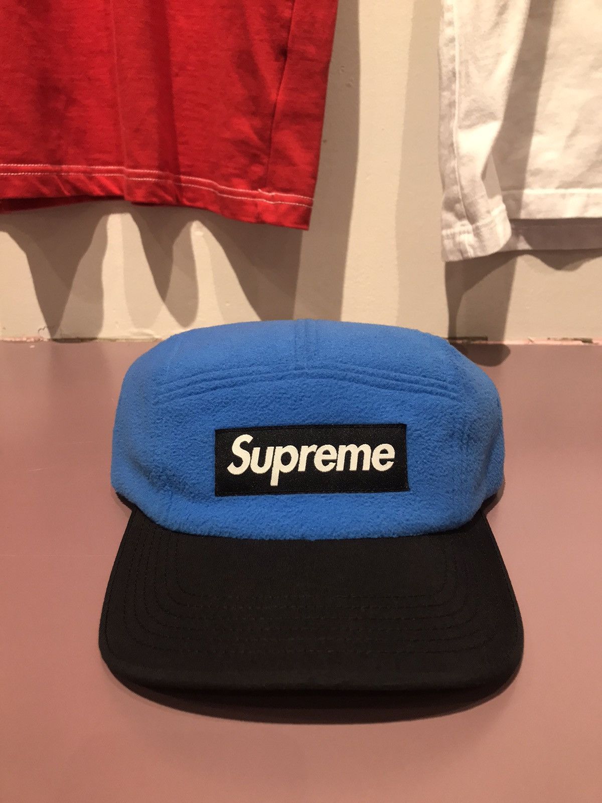 image of Fw15 Supreme Box Logo Polartec Fleece Fitted Camp Cap Hat in Blue, Men's