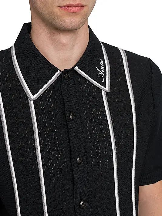 Amiri os11x1225 Logo-Detailed Striped Pointelle-Knit Shirt Black Size US L / EU 52-54 / 3 - 6 Thumbnail