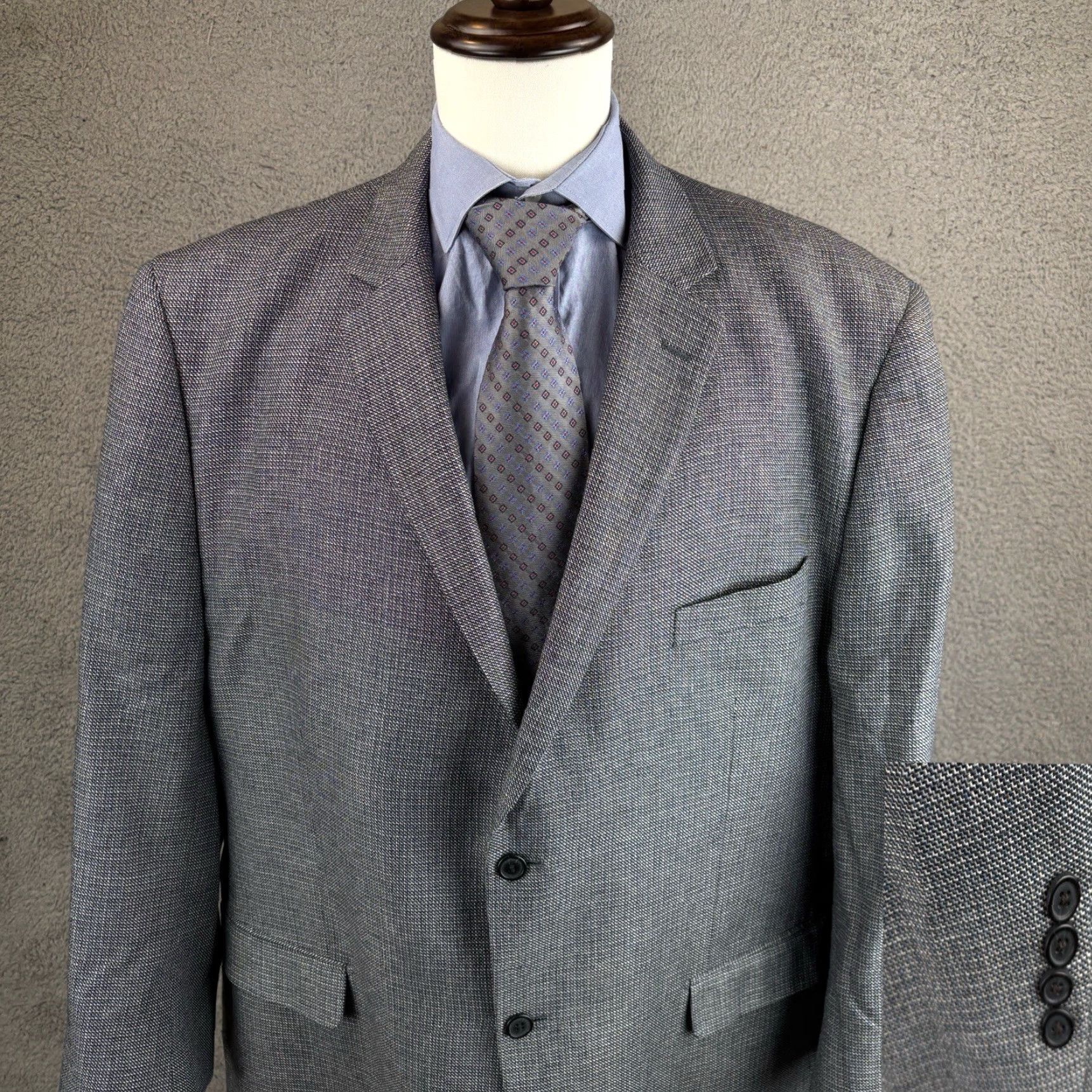 Vintage VINTAGE Haines & Bonner Blazer Men 2XLT 50L-52L Gray Silk Tweed Notch Lapel Double-Vented Long Geometric London 100% Silk Sport Coat Blazer Mens Size 50R - 2 Thumbnail