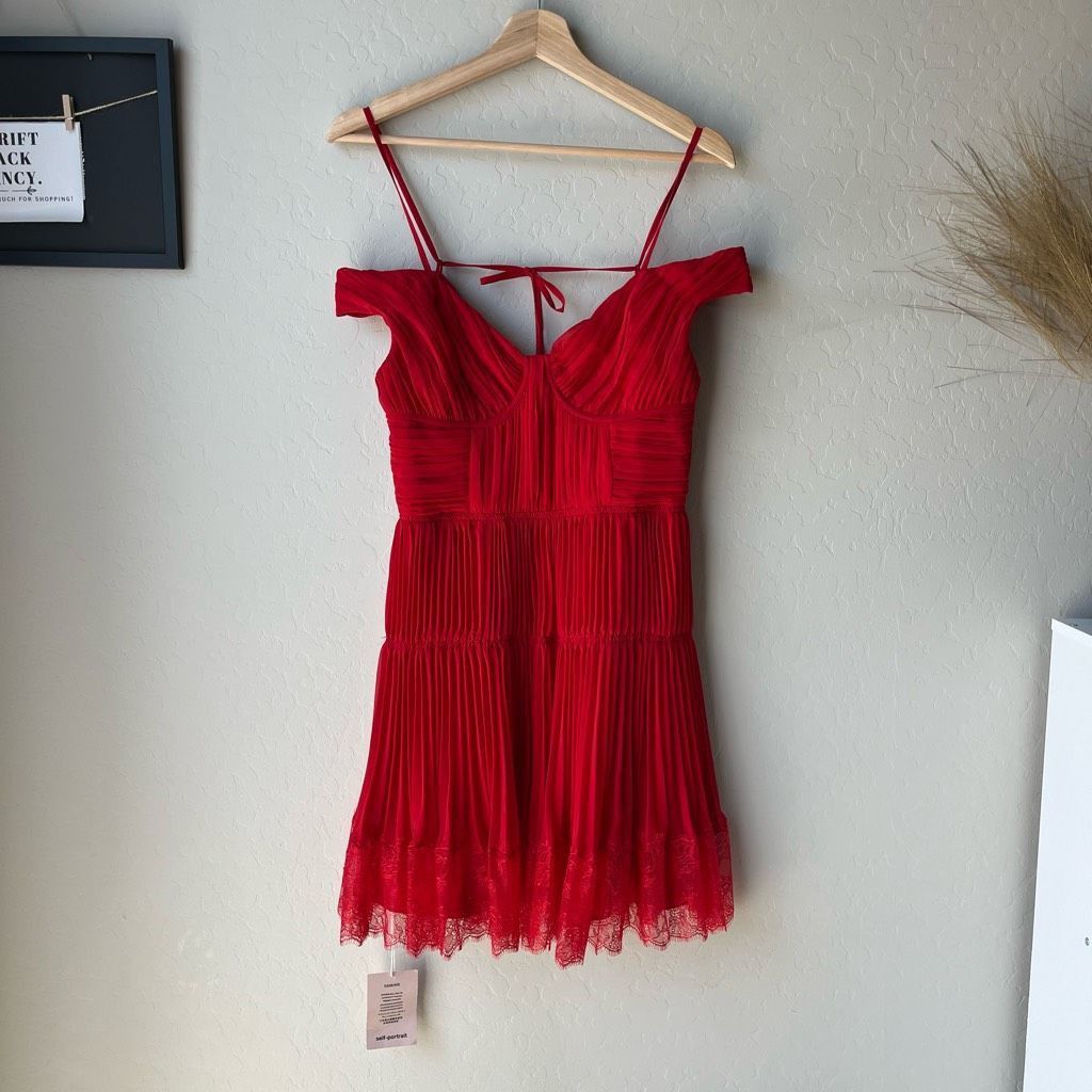 Self-Portrait NWT Self Portrait Dress Pleated Off Shoulder Lace Red Mini D Size S / US 4 / IT 40 - 2 Thumbnail