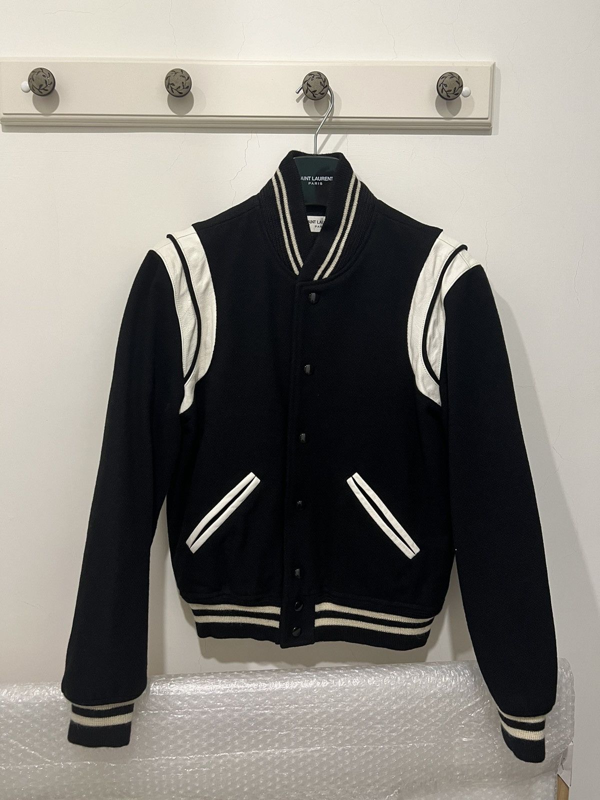 Image of Saint Laurent Paris Saint Laurent Teddy Varsity Jacket in Black, Men's (Size Small)