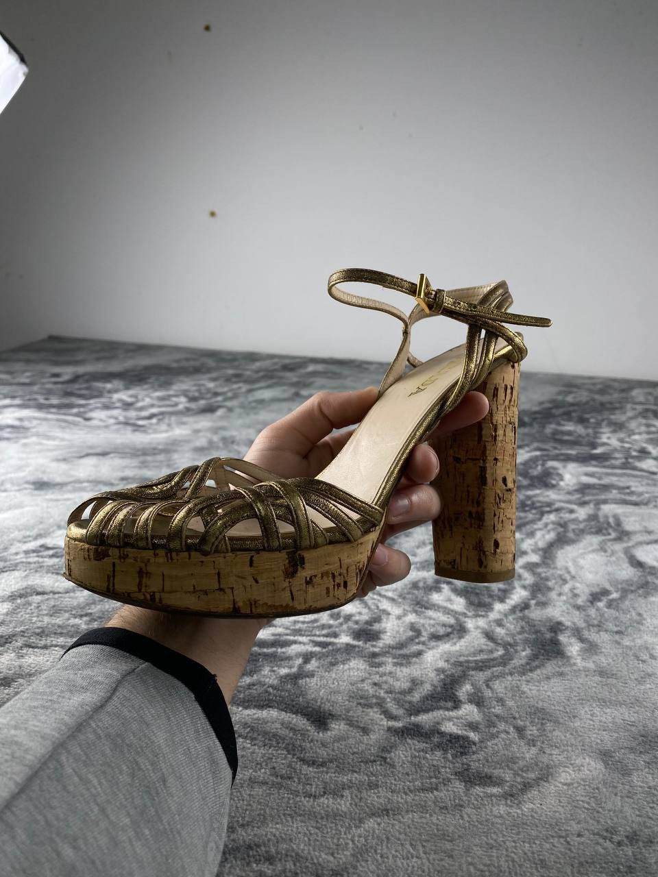 Prada Prada Metallic Gold Ankle Strap Cork Platform Block Heel Size US 8 / IT 38 - 9 Thumbnail