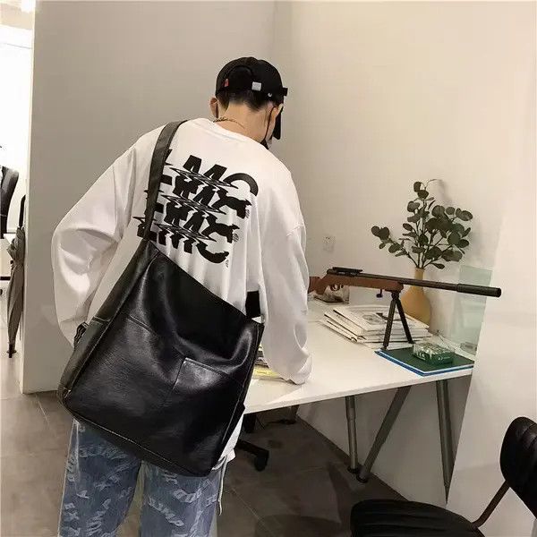 image of Fashion Y2K Pu Leather Shoulder Messenger Bag Vintage in Black, Men's