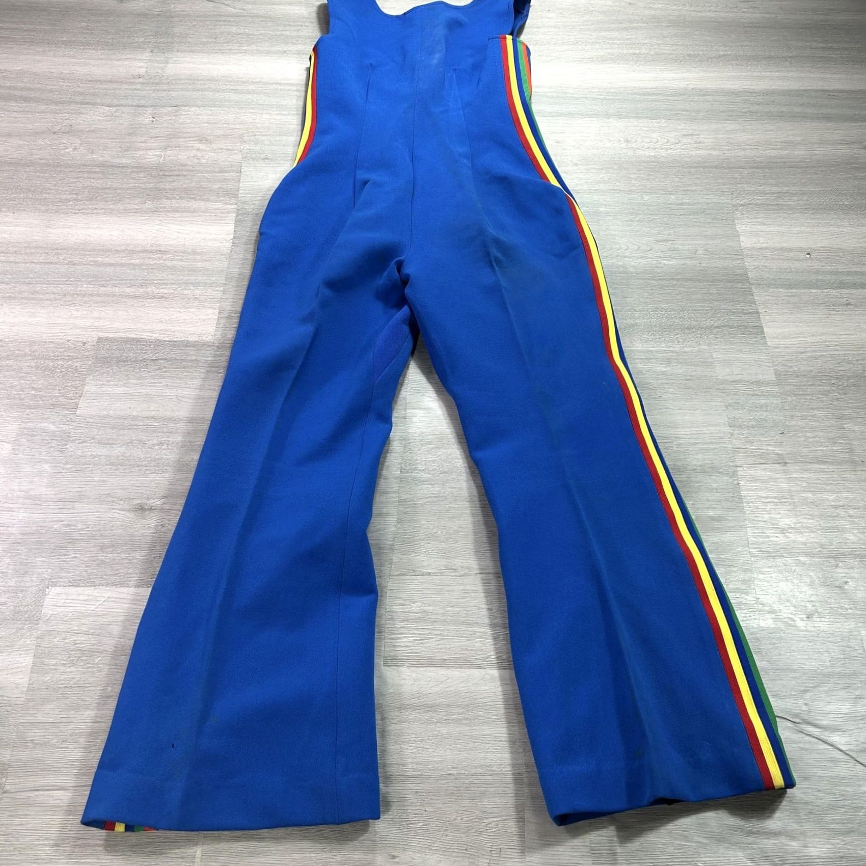 Rainbow VINTAGE Robbe Ski Overalls Womens 12 Blue Rainbow Stripe Wool Stirrup Bib USA Size 34" / US 12 / IT 48 - 2 Thumbnail
