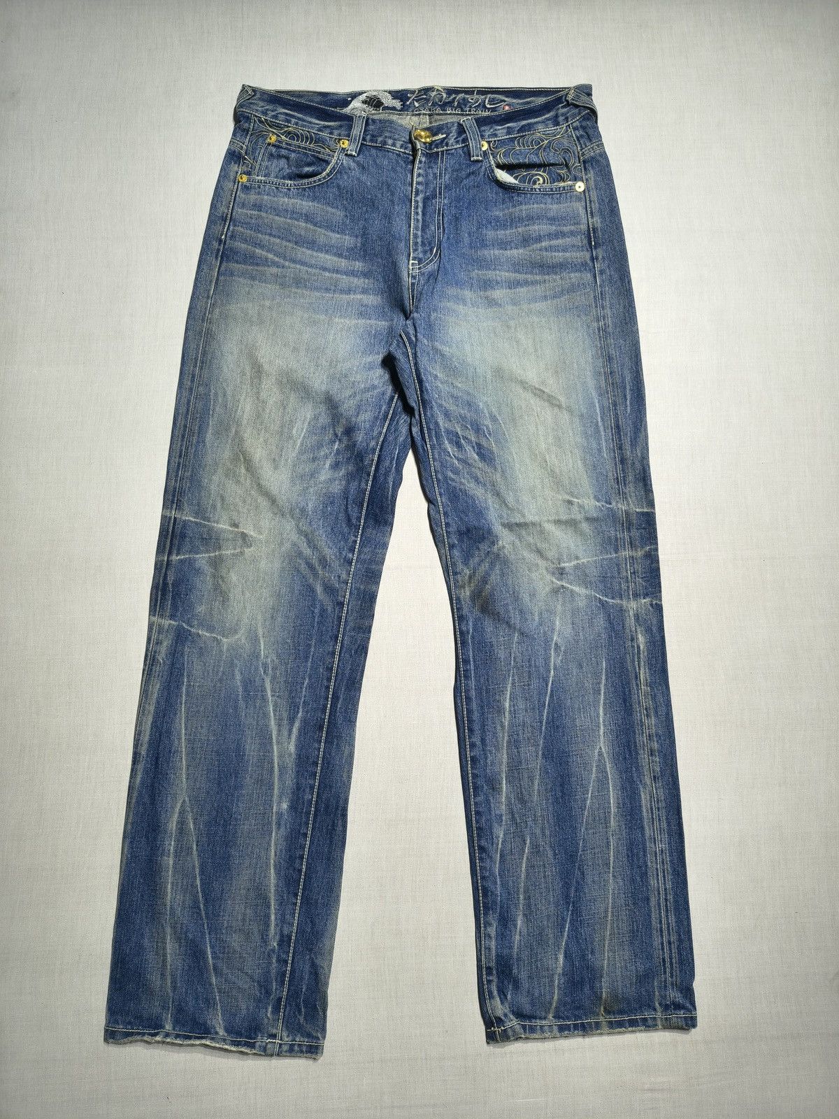 Japanese Brand Big Train Koi Fish Gold Embroidery y2k jeans (047) Size US 36 / EU 52 - 2 Thumbnail