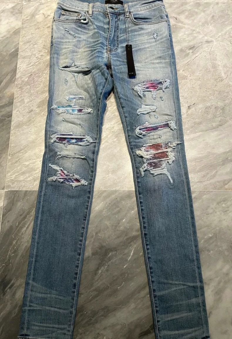 Amiri colorful art patchwork blue jeans