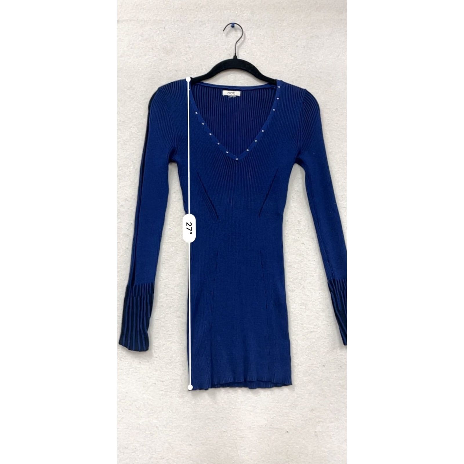 Vintage Cache Blue Ribbed V-Neck Long Sleeve Sweater Dress Womens S Studded Neckline Ribbed Texture Bodycon Short Dress Size S / US 4 / IT 40 - 7 Thumbnail