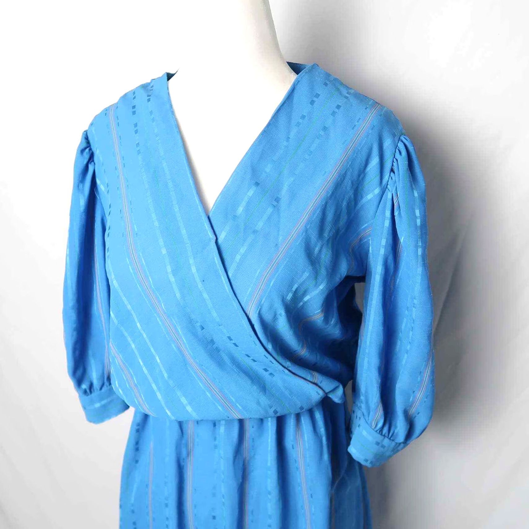 Vintage VINTAGE 80s Blue Striped Midi Blouson Dress 12 Size XL / US 12-14 / IT 48-50 - 2 Thumbnail