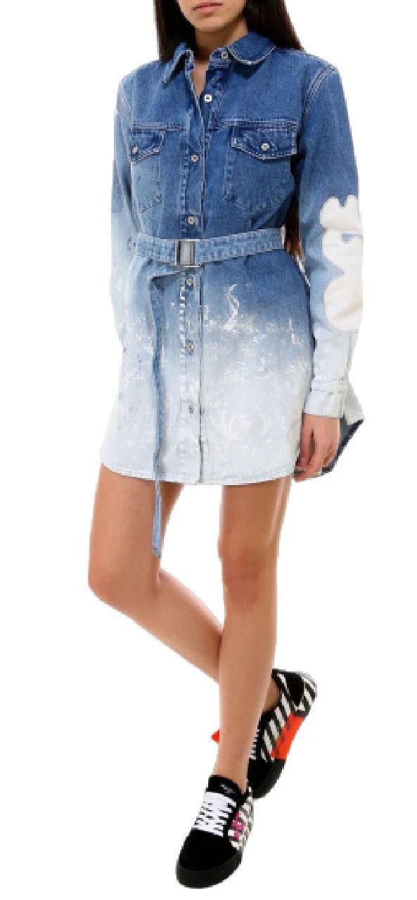 Off-White o1mle0425 Bleach Painted Belted Denim Dress in Blue & White Size XS / US 0-2 / IT 36-38 - 3 Thumbnail