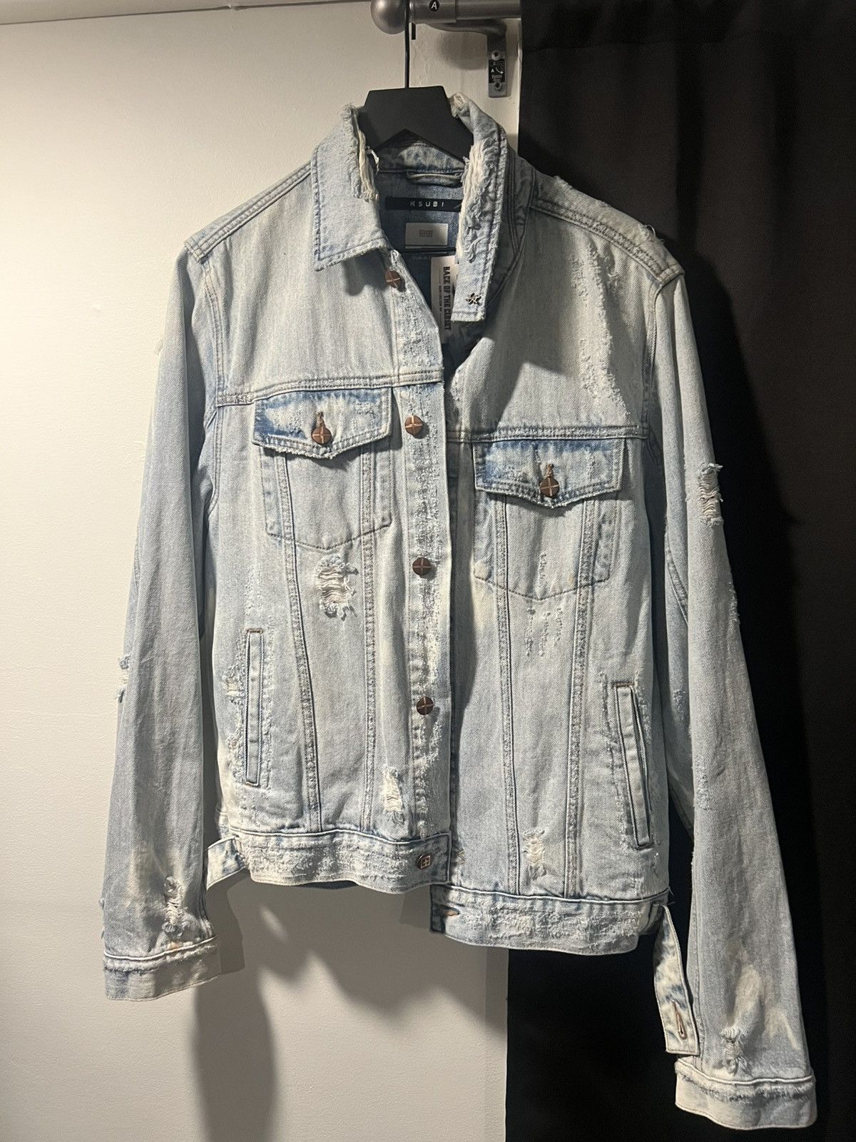 Ksubi Distressed Denim Jacket Lightwash XL with Pin