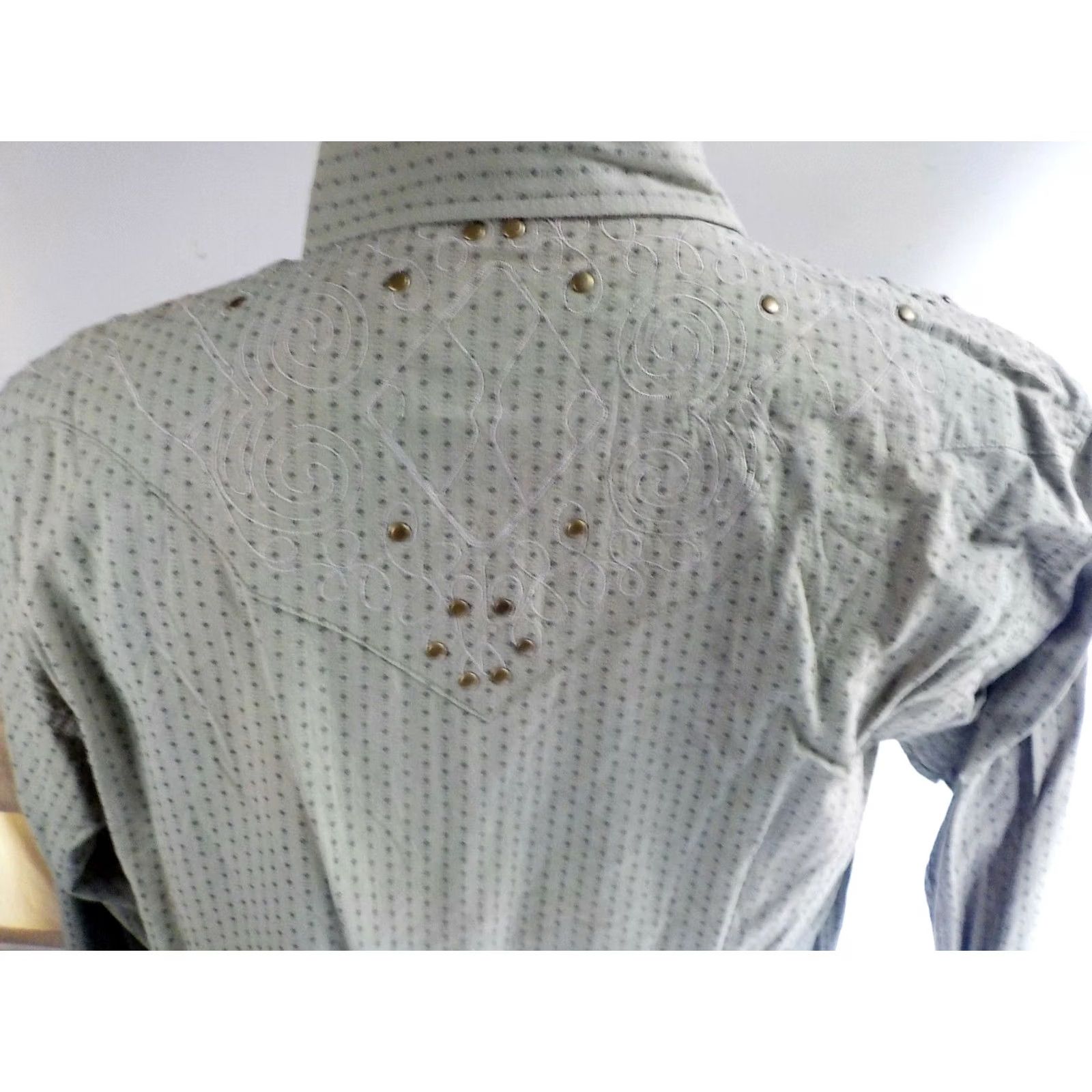 Vintage FRANKY MAX Pearl Snap Western Shirt Khaki Long Sleeve Studded Embroidery Geometric NWT LG Mens Size US L / EU 52-54 / 3 - 5 Thumbnail