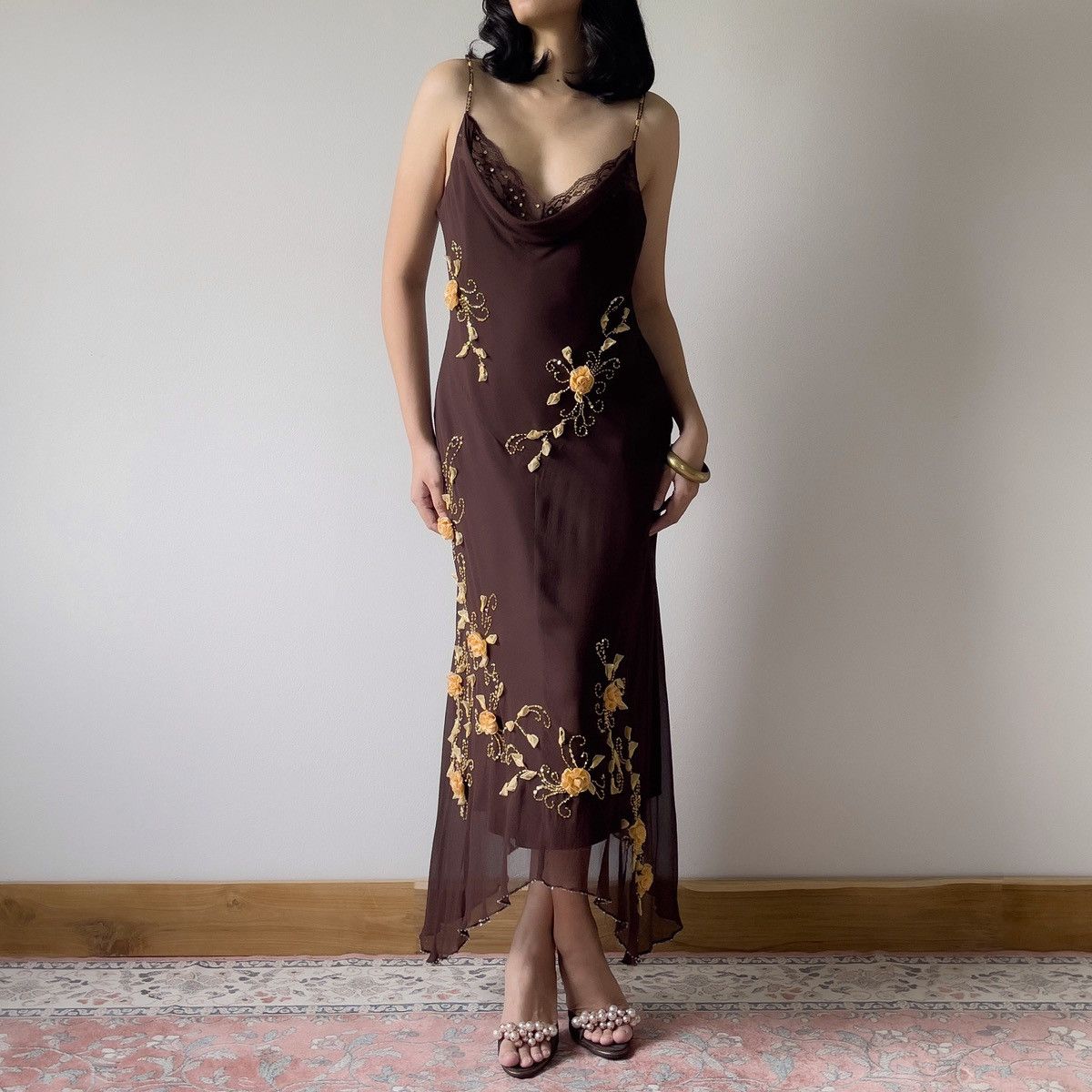 Vintage 1990s Silk Chiffon Brown Evening Gown (SM)