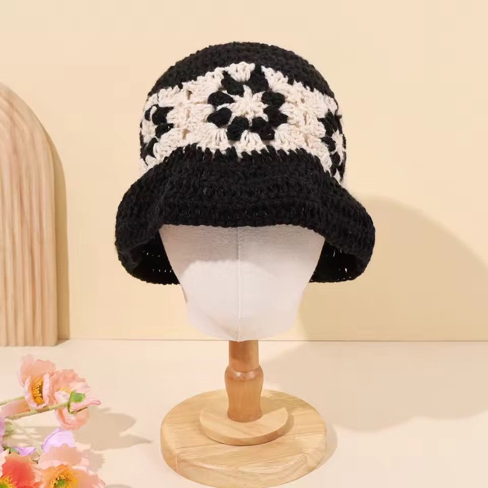 Handmade Retro Splicing Knitted Striped Hollow Bucket Hat Size ONE SIZE - 4 Thumbnail