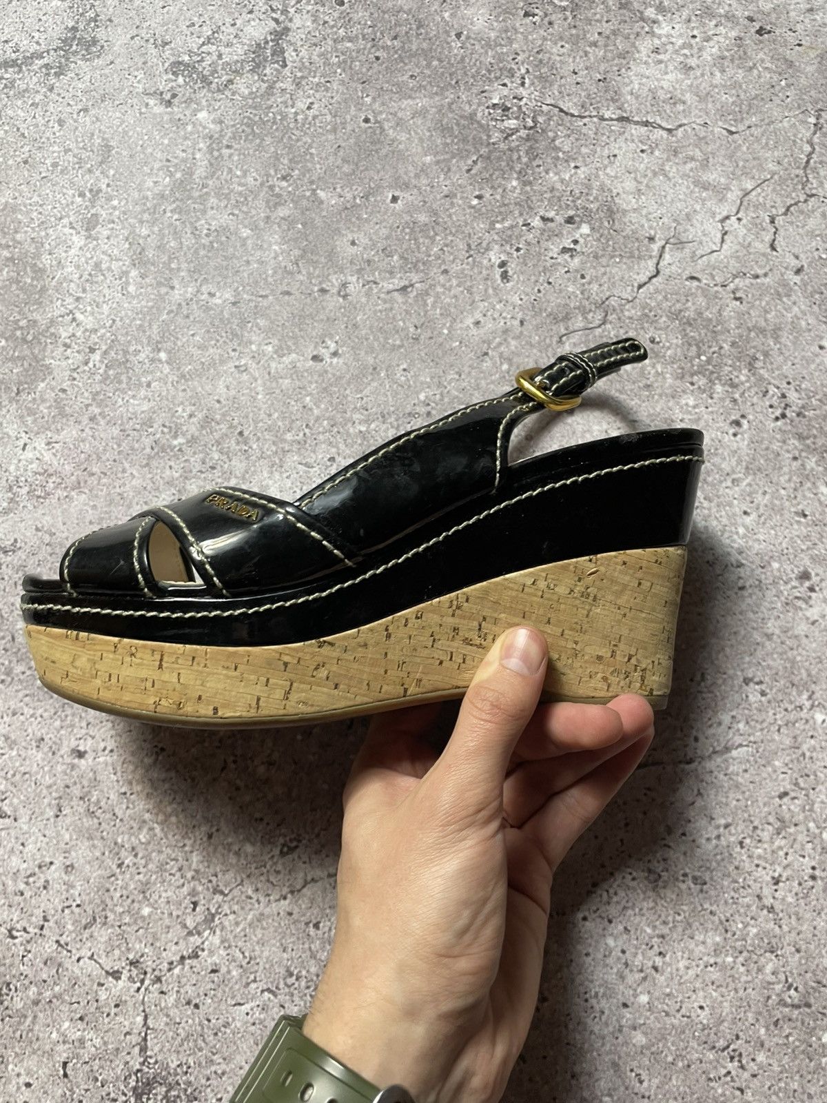 Prada PRADA Patent leather wedge sole cork black women's size 37 Size US 7 / IT 37 - 4 Thumbnail