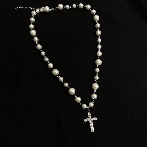 Jewelry Rhinestone Cross Pearl Pendant Necklace Size ONE SIZE - 3 Thumbnail