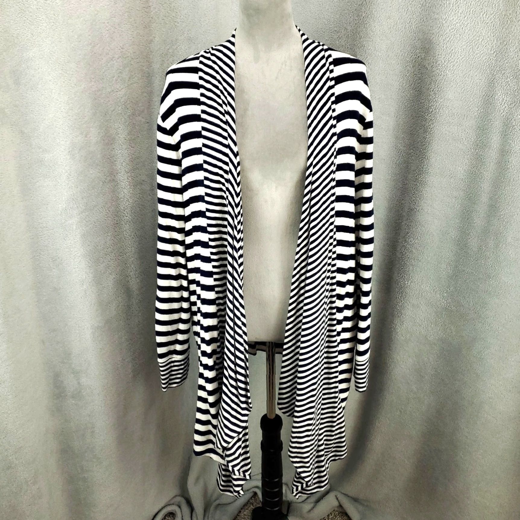 Vintage Chicos Cardigan Womens XL Navy Blue White Striped Waterfall Open-Knit Viscose Spandex Knit Casual Womens Size XL / US 12-14 / IT 48-50 - 2 Thumbnail