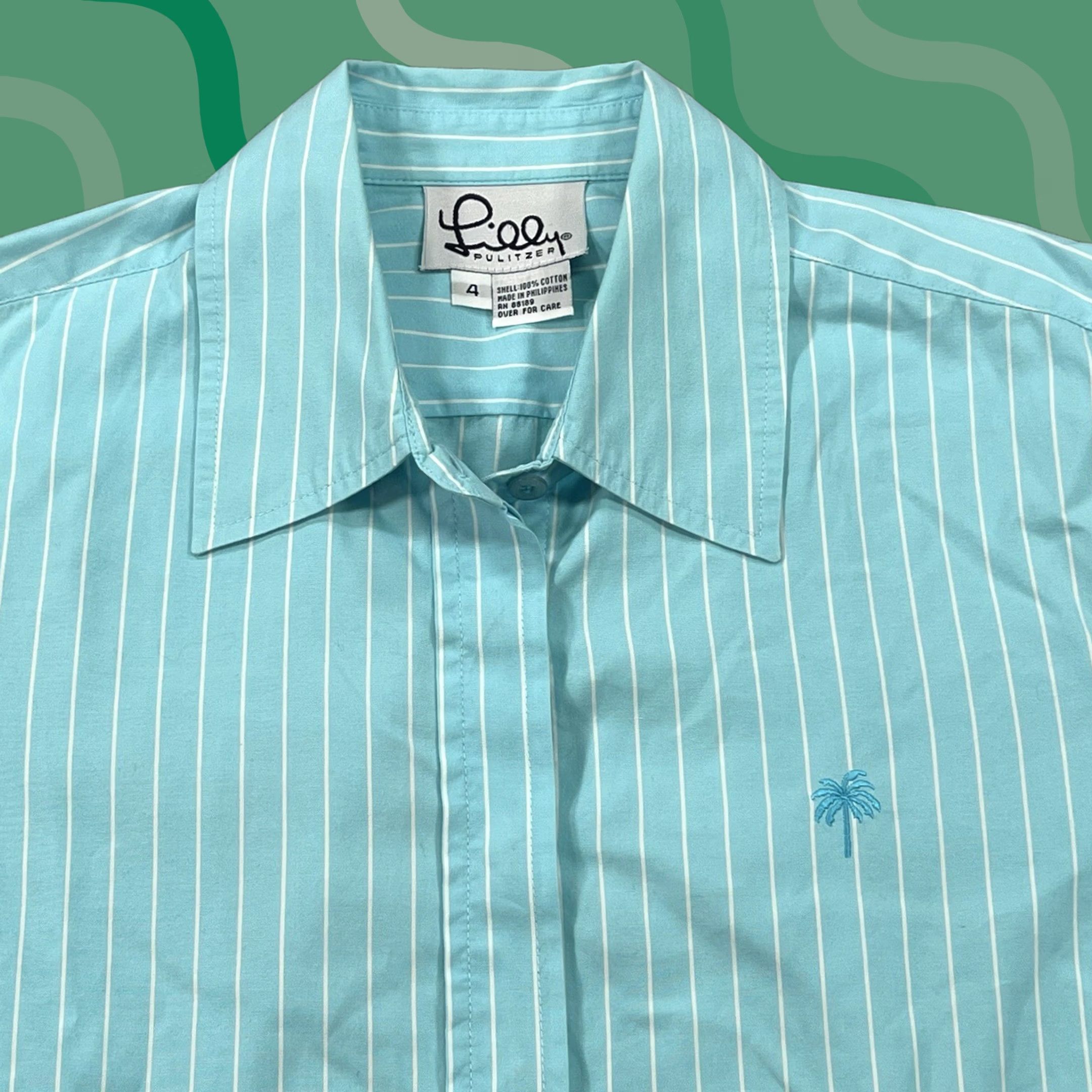 Lilly Pulitzer VINTAGE Lilly Pulitzer Shirt Womens 4 Teal Blue Striped Button-Up Collared 90s Preppy Mens? Size S / US 4 / IT 40 - 1 Thumbnail
