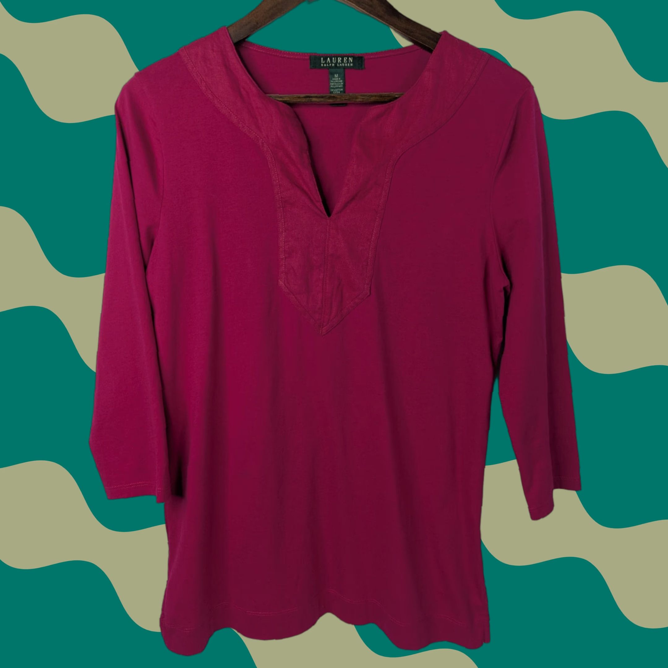 Ralph Lauren Lauren Ralph Lauren Womens Medium Cotton 3/4 Sleeve V-Neck Hot Pink Blouse Shirt Size M / US 6-8 / IT 42-44 - 1 Thumbnail