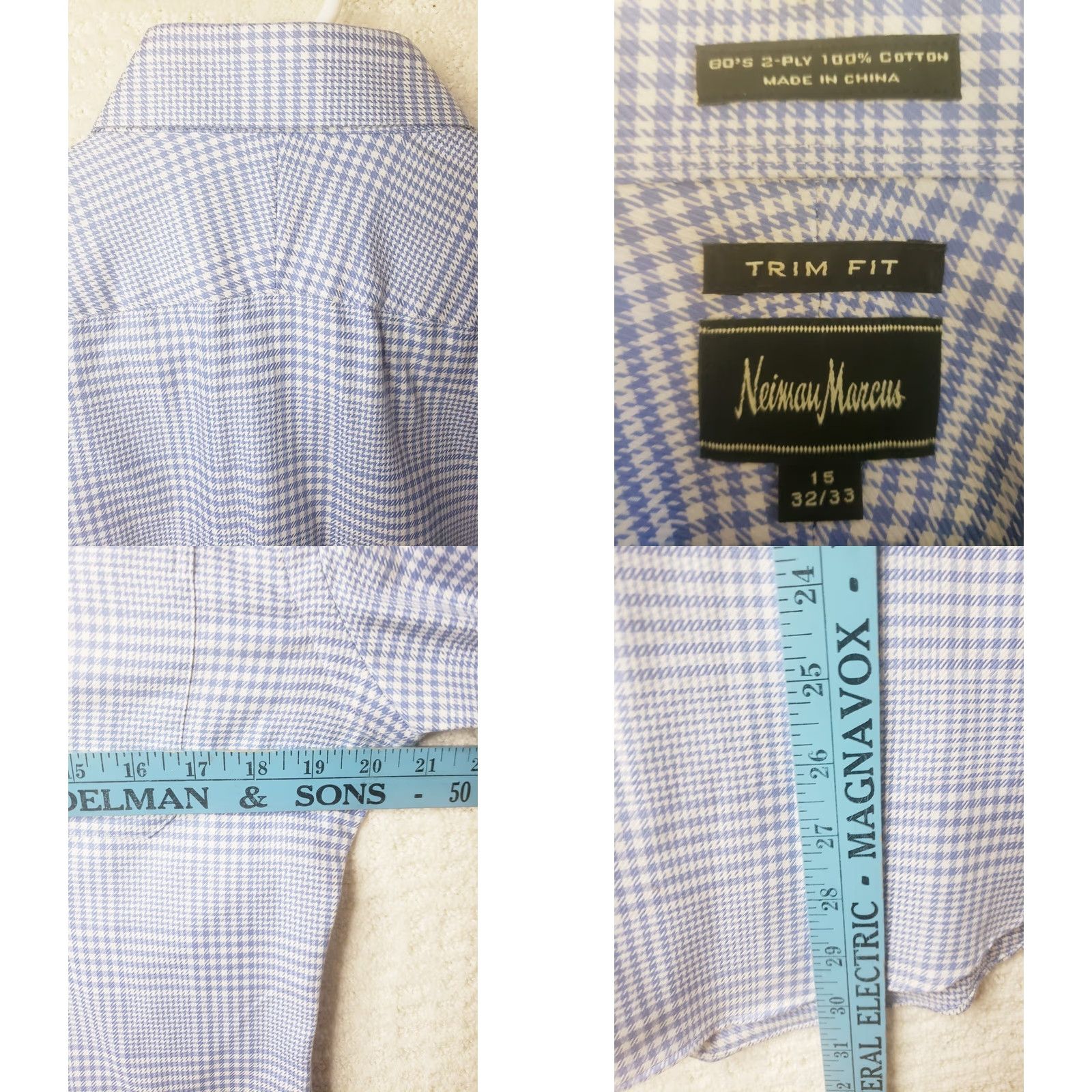 Neiman Marcus Neiman Marcus Shirt Mens 15 x 32/33 Light Blue White Plaid Trim Fit Long Sleeve Button Up 2Ply Dress Shirt Mens Shirts Size US M / EU 48-50 / 2 - 9 Thumbnail
