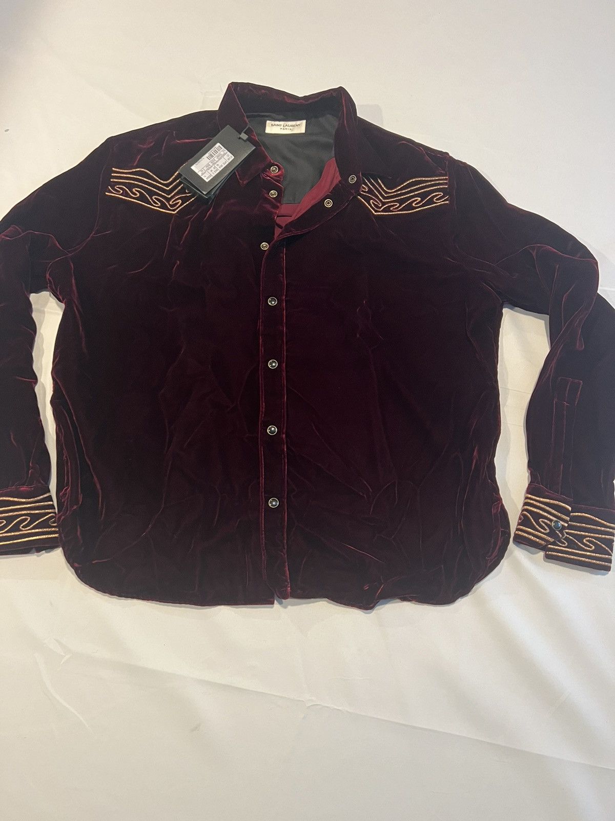 Saint Laurent Paris Saint Laurent men’s gold trim velvet shirt. 16.5/42. $1290 Size US L / EU 52-54 / 3 - 10 Thumbnail