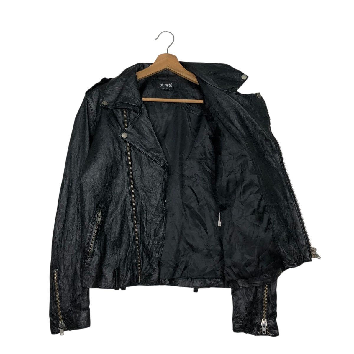 Japanese Brand 🔥VINTAGE BIKER LEATHER JACKET DOUBLE COLLAR PURETE Size US S / EU 44-46 / 1 - 13 Thumbnail