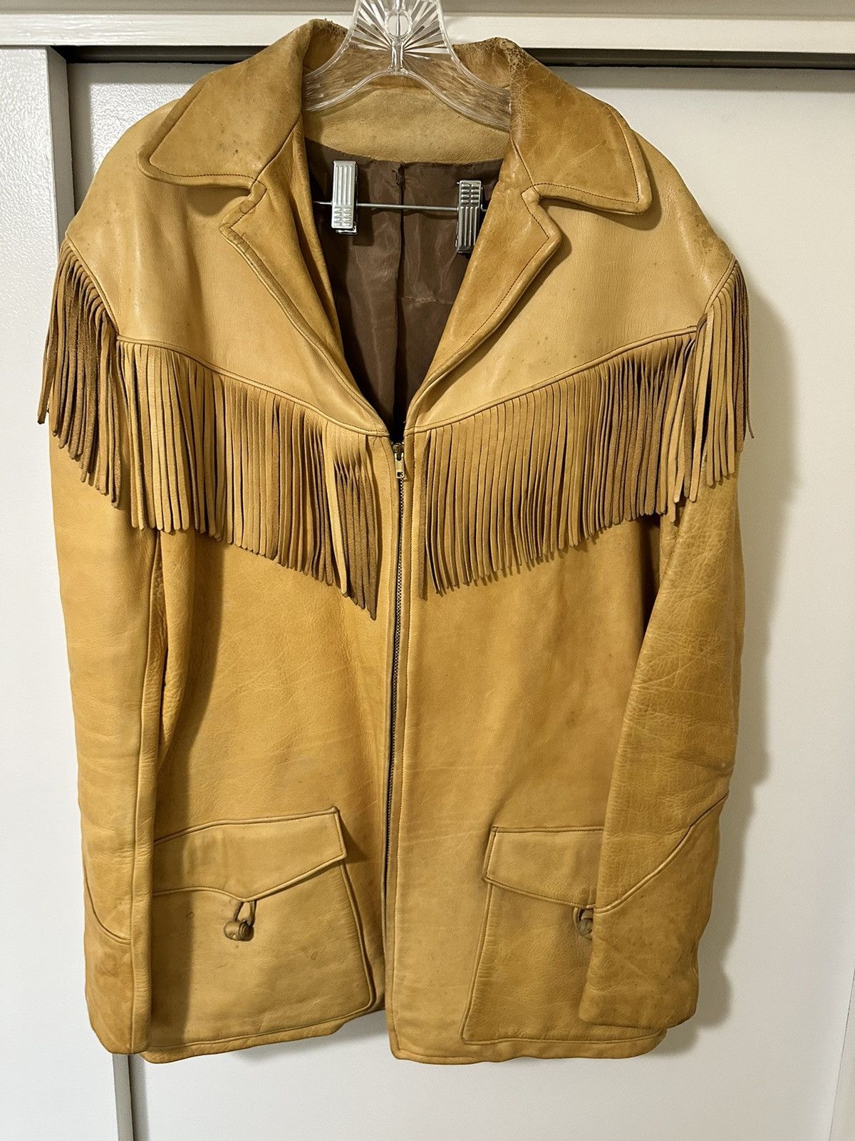 Image of Vintage Epic Leather Fringed Coat in Beige, Men's (Size XL)