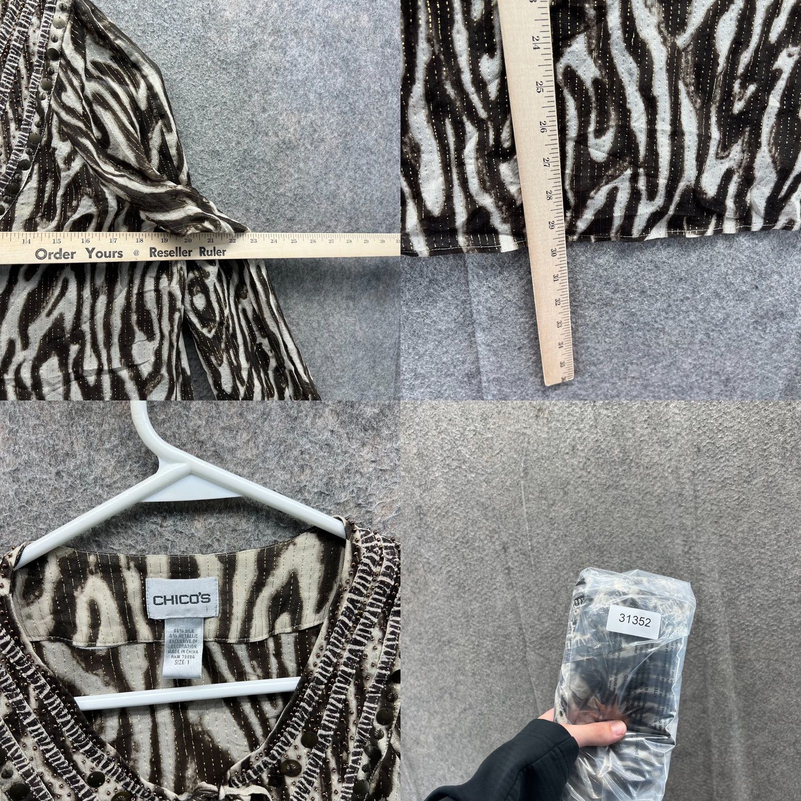 Vintage VINTAGE Chico'S Shirt Womens 1 Brown Dress Zebra Beaded Embellished Silk Metallic Line Size XS / US 0-2 / IT 36-38 - 8 Thumbnail