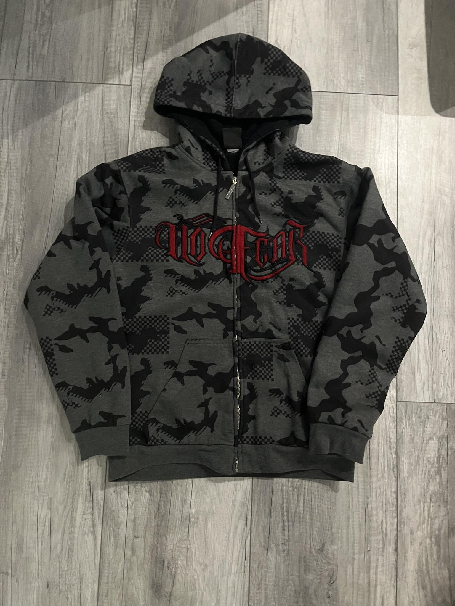 image of Gray Camo No Fear Hoodie Affliction Type in Grey, Men's (Size Medium)