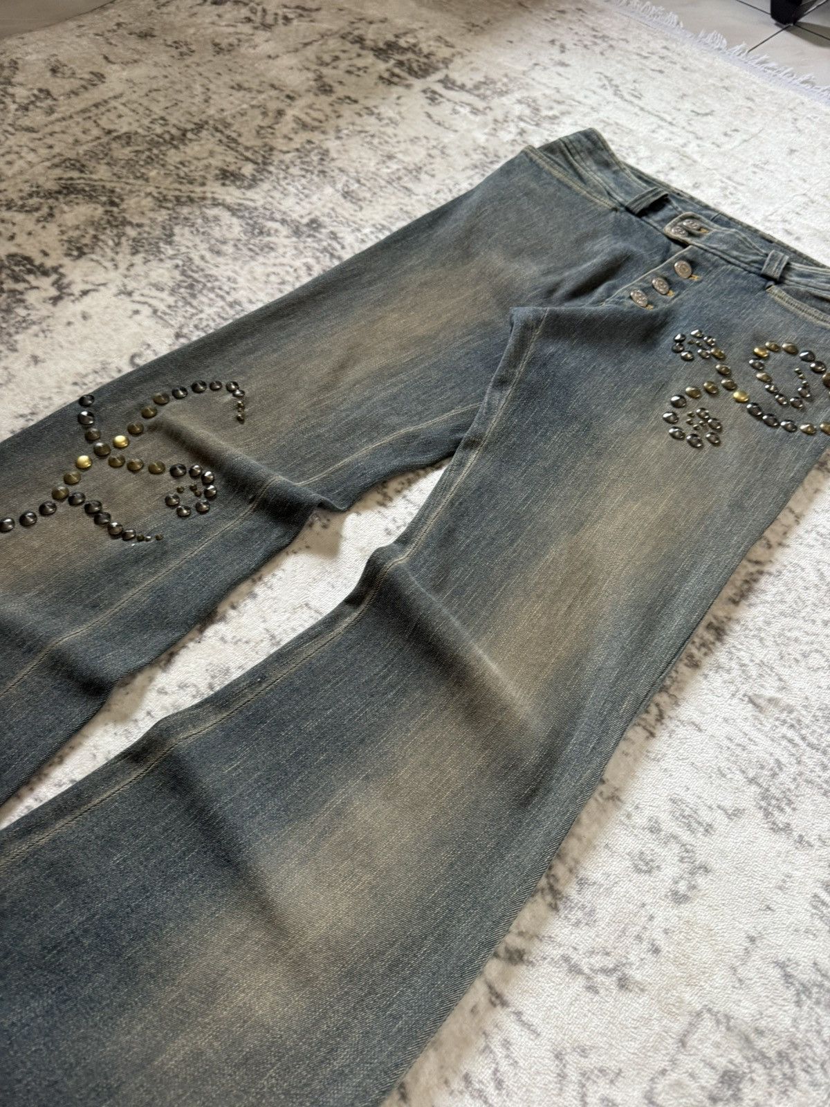 Tornado Mart Tornado Mart Artisanal Studded Tribal Mud Wash Flare Jeans Size US 29 - 12 Thumbnail