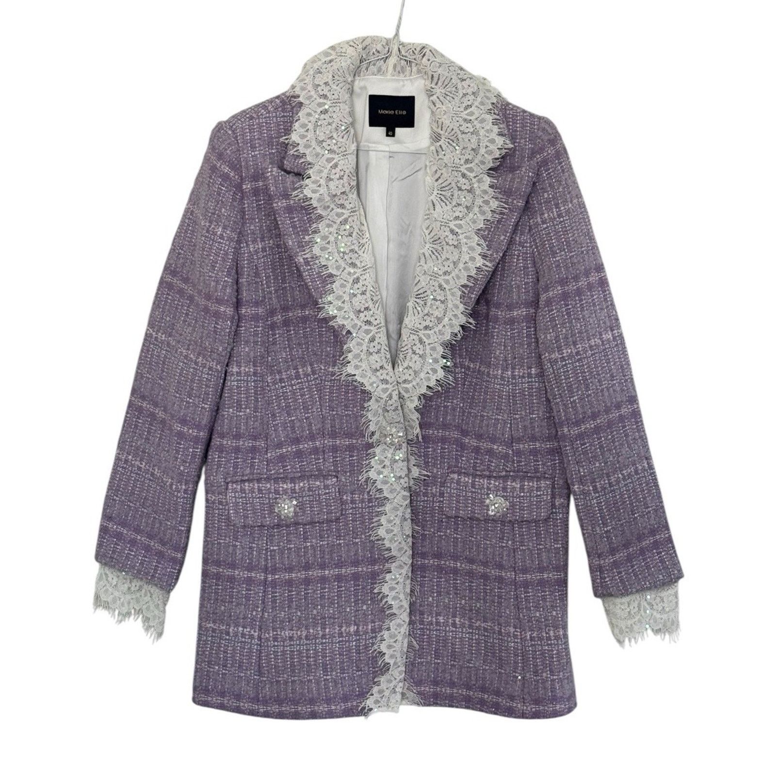 Other MARIE ELIE Lavender Tweed Wool Lace Designer Blazer Metallic Size L / US 10 / IT 46 - 2 Thumbnail