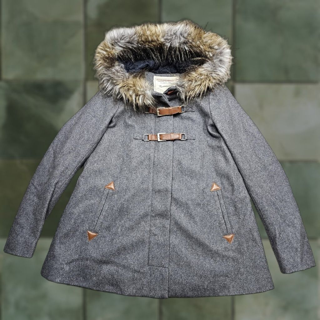 Cartonnier Coat Womens 0 Gray Hooded Wool Blend Faux Fur Buckle Anthropologie