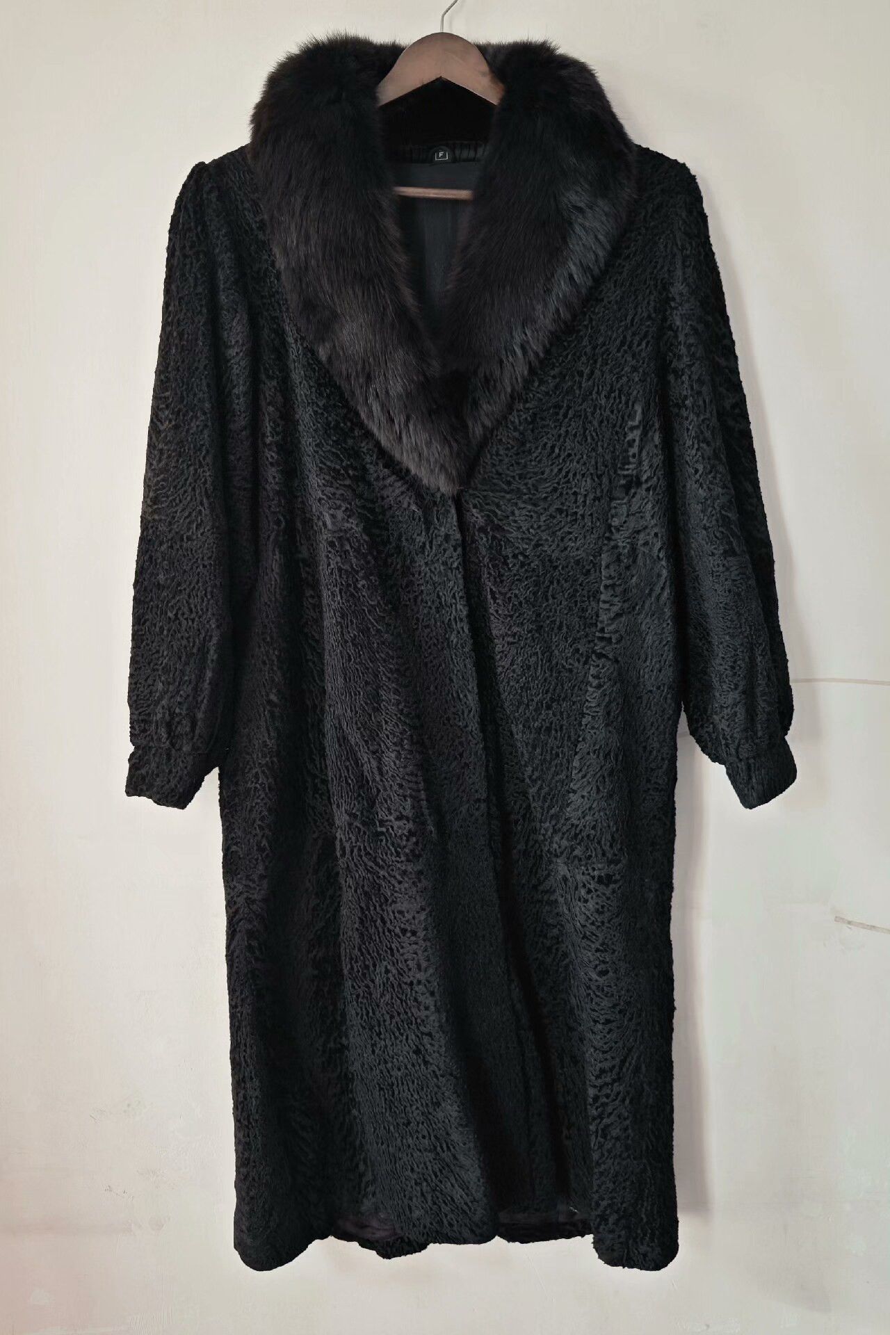 Japanese Brand Black Persian Wool Fur Coat with Fox Collar Size L / US 10 / IT 46 - 1 Thumbnail