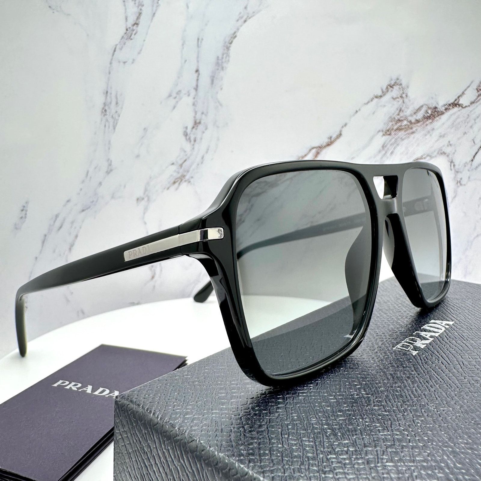 Prada NEW PRADA Sunglasses Black Aviator Pilot Grey Lens Side Logo Size ONE SIZE - 14 Thumbnail