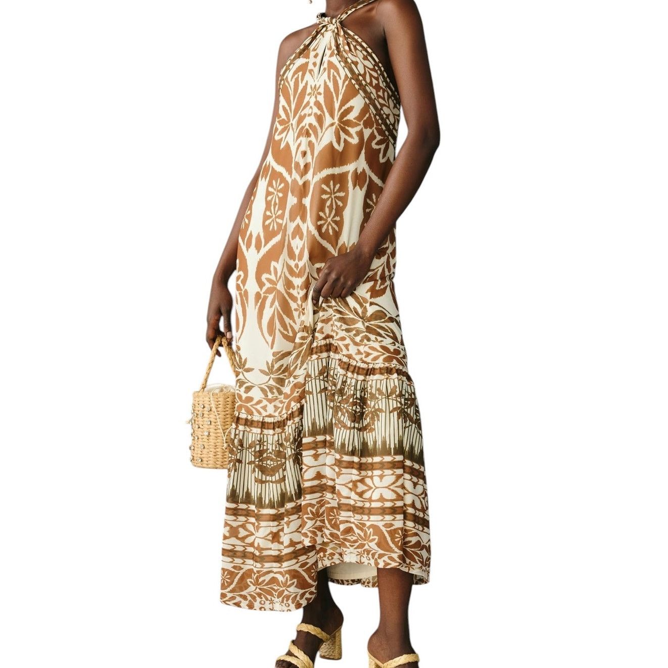 Anthropologie NEW NWT Anthro Vineet Bahl Halter Maxi Dress XS Brown Print Size XS / US 0-2 / IT 36-38 - 9 Thumbnail
