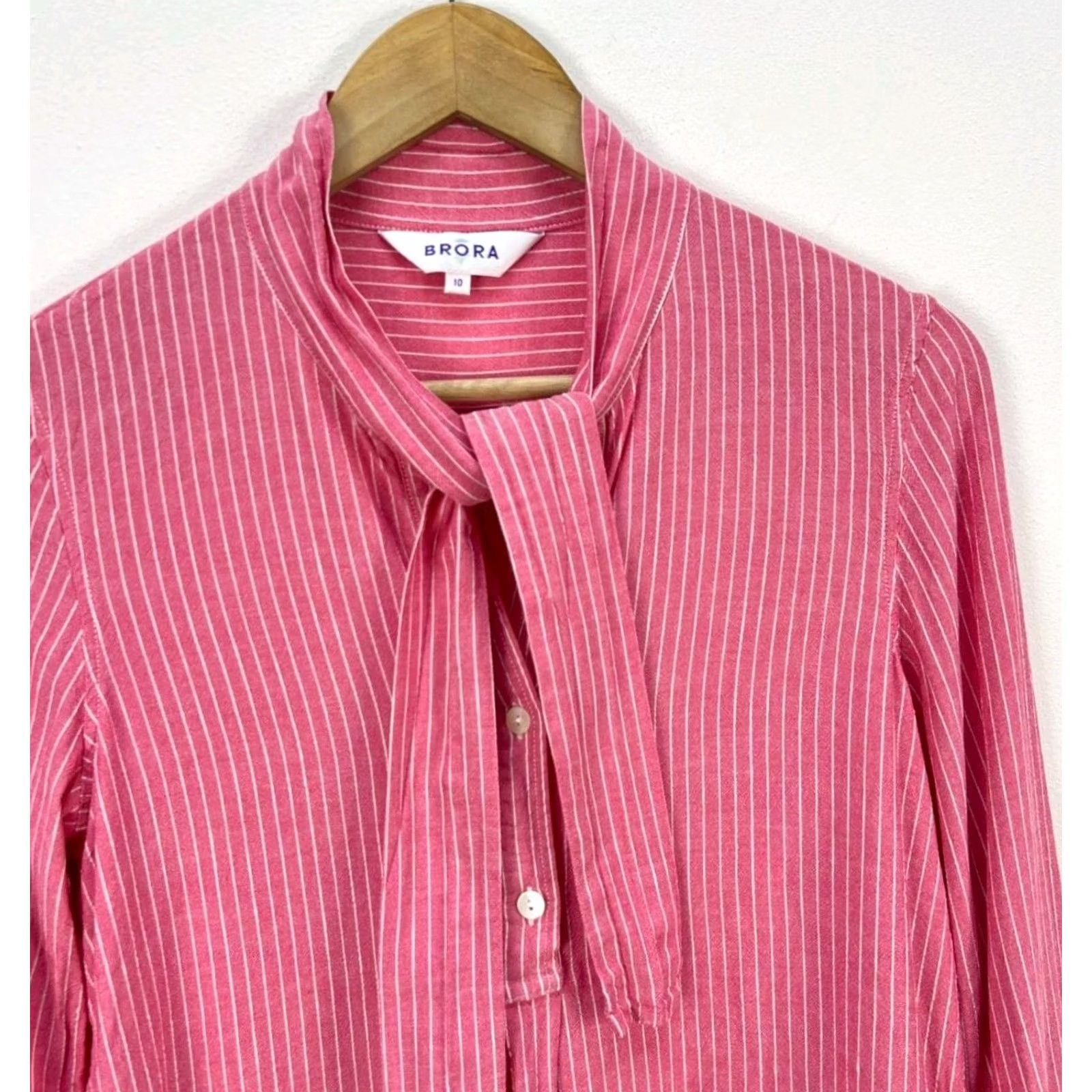 Vintage Brora Blouse Shirt Womens Size 10 Long Sleeve Lightweight Viscose Linen Pink White Stripe Regular Summer Spring Cookie? Size L / US 10 / IT 46 - 2 Thumbnail