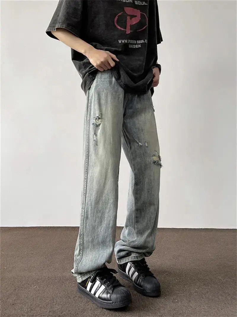Japanese Brand Retro loose straight leg ripped jeans Size US 32 / EU 48 - 4 Thumbnail