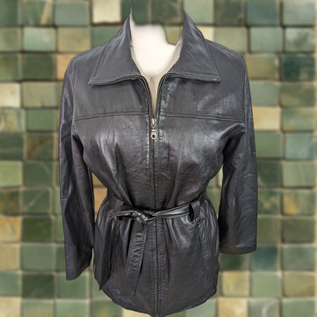 Vintage VINTAGE Leather Belted Tie Waist Moto Jacket Womens L Black 90s 00s Size L / US 10 / IT 46 - 1 Thumbnail