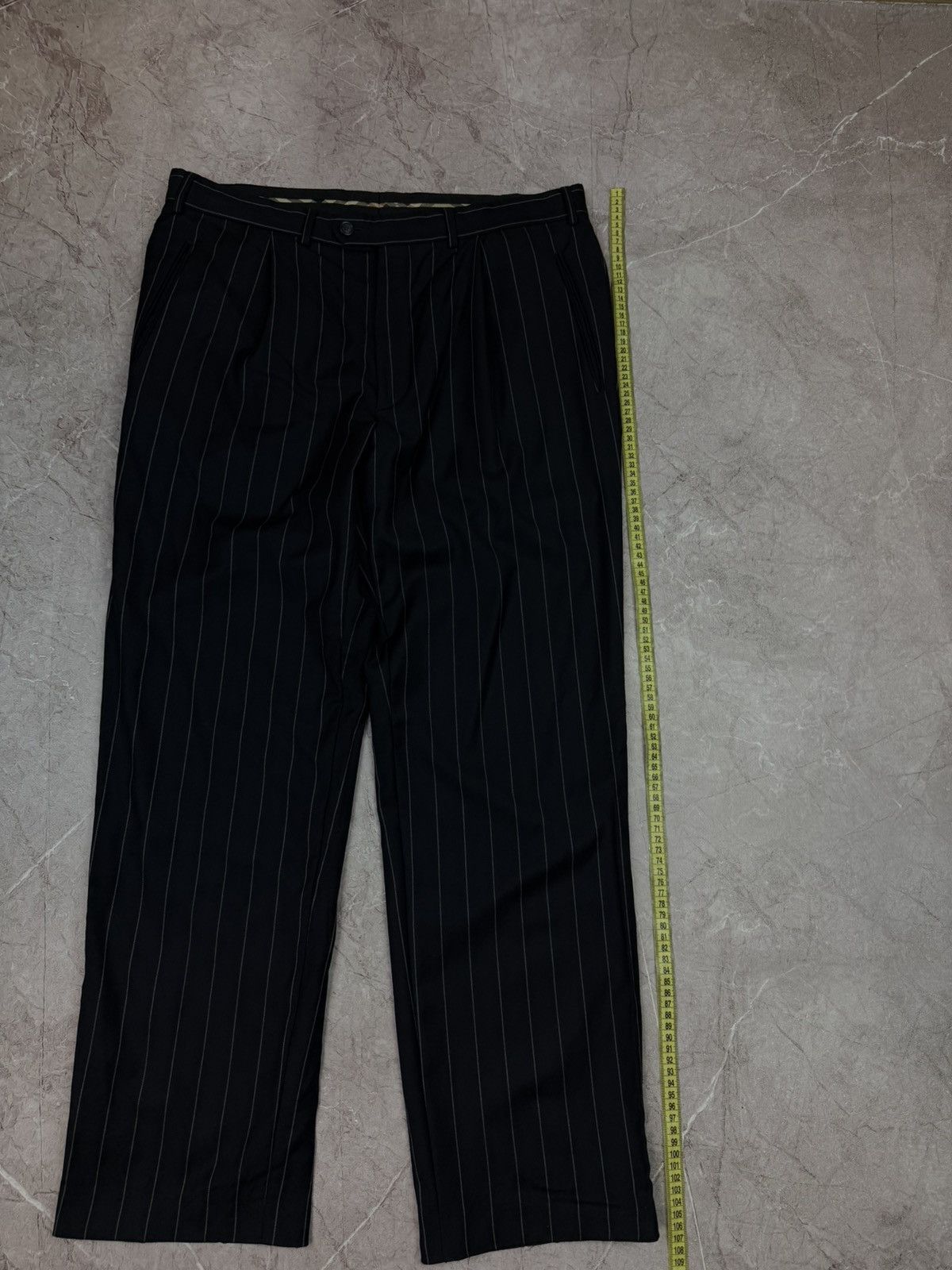 Burberry Burberry Pinstripe Pants Black Navy Wool Pleated Plaid Trim Size US 36 / EU 52 - 14 Thumbnail
